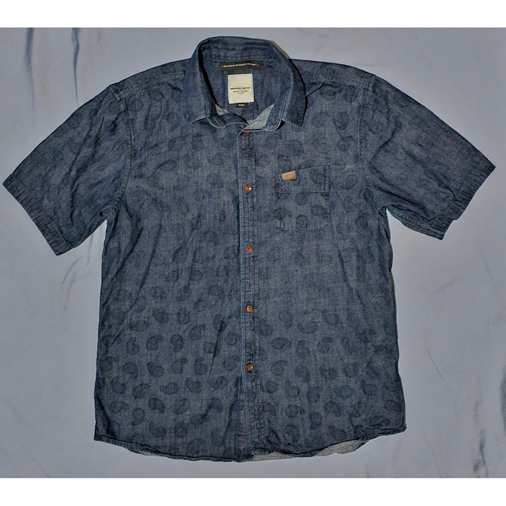 Marshall Artist Mens Large Blue Paisley Print Short Sleeve Button‎ Up Shirt
